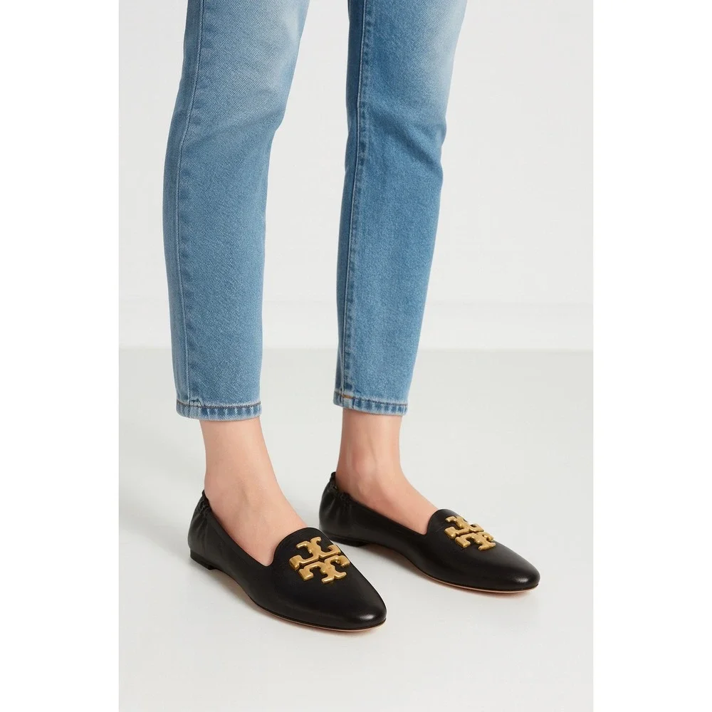 Tory Burch Eleanor Loafers Flats‎ Size 11 Black Leather Gold Logo Classic Chic
